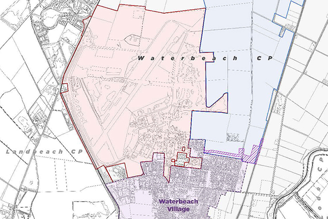 Map showing the boundaries of Waterbeach Barracks, Waterbeach New Town, the relocated station, the village, Waterbeach Parish Boundary and other parish boundaries
