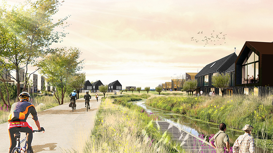 Illustration of the new development with houses fronting a stream and cycle path